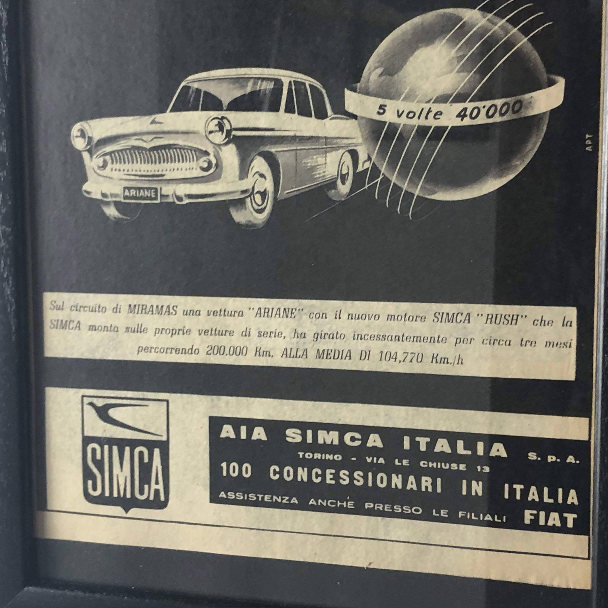 SIMCA, Pubblicità Anno 1960 SIMCA 5 Volte il Giro del Mondo AIA SIMCA Italia - Raggi's Collectibles' Automotive Art