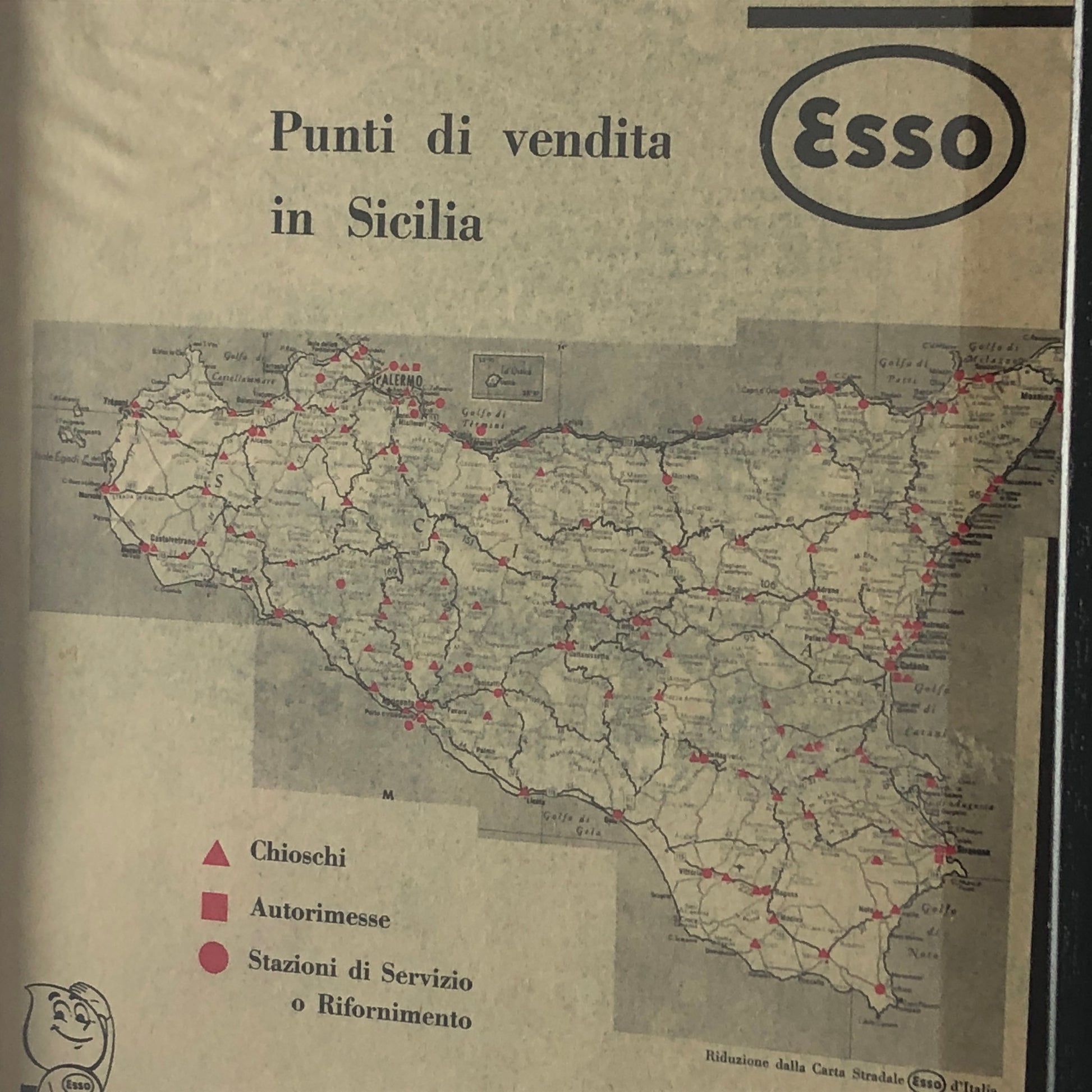 Esso, Pubblicità Anno 1960 Punti Vendita - Stazioni di Servizio Esso in Sicilia - Raggi's Collectibles' Automotive Art