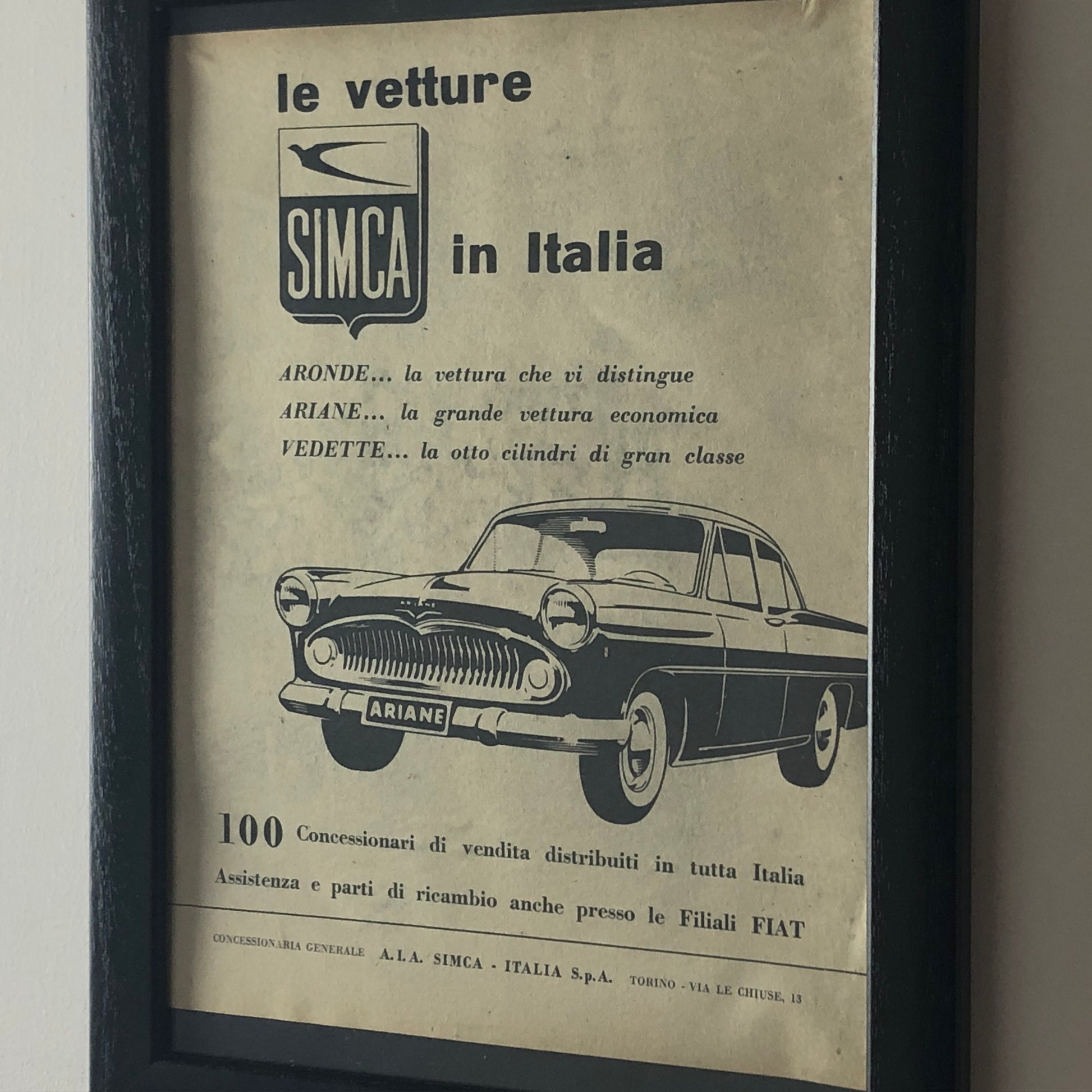 SIMCA, pubblicità anno 1960 SIMCA le vetture SIMCA in Italia, Aronde, Ariane, Vedette, - Raggi's Collectibles' Automotive Art