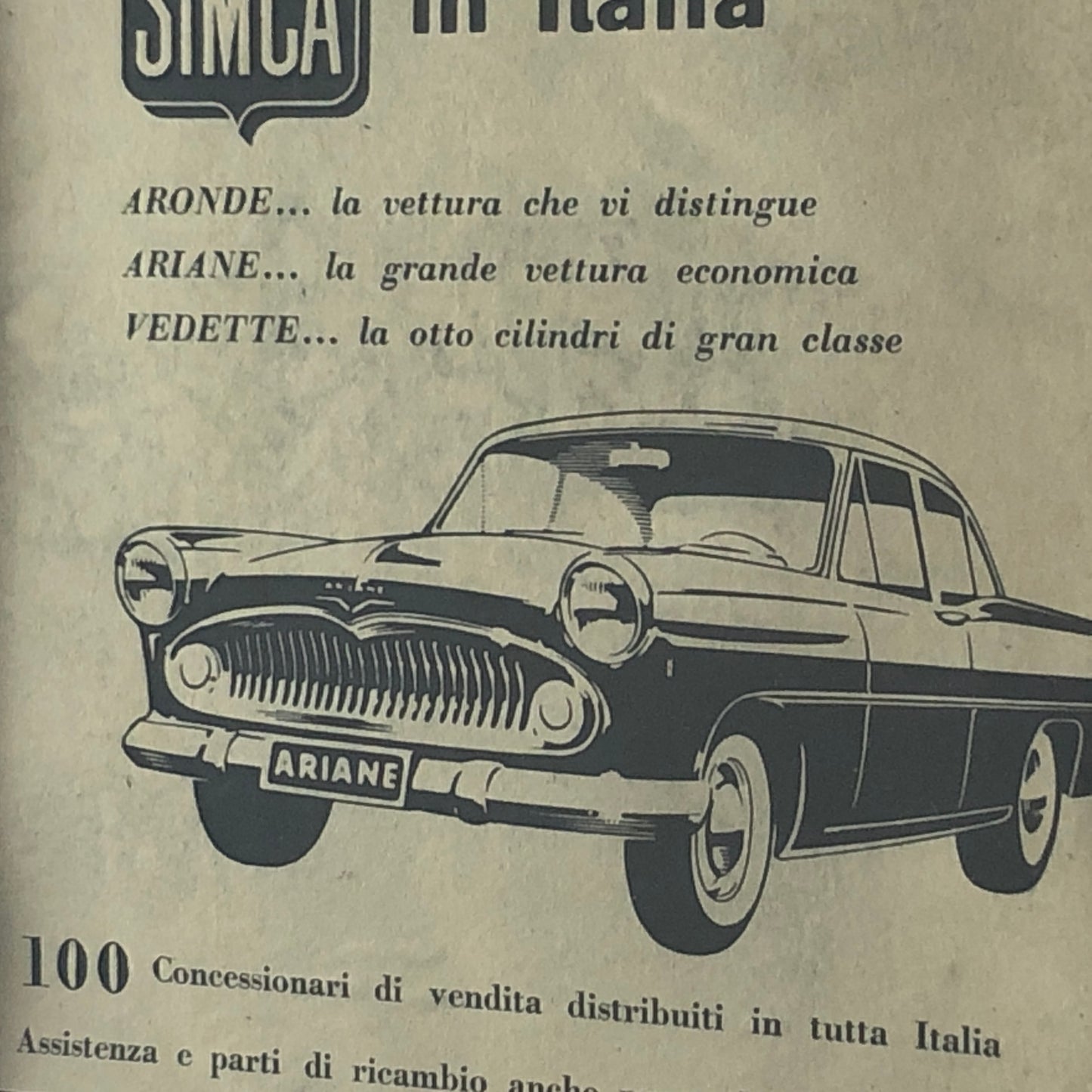 SIMCA, pubblicità anno 1960 SIMCA le vetture SIMCA in Italia, Aronde, Ariane, Vedette, - Raggi's Collectibles' Automotive Art