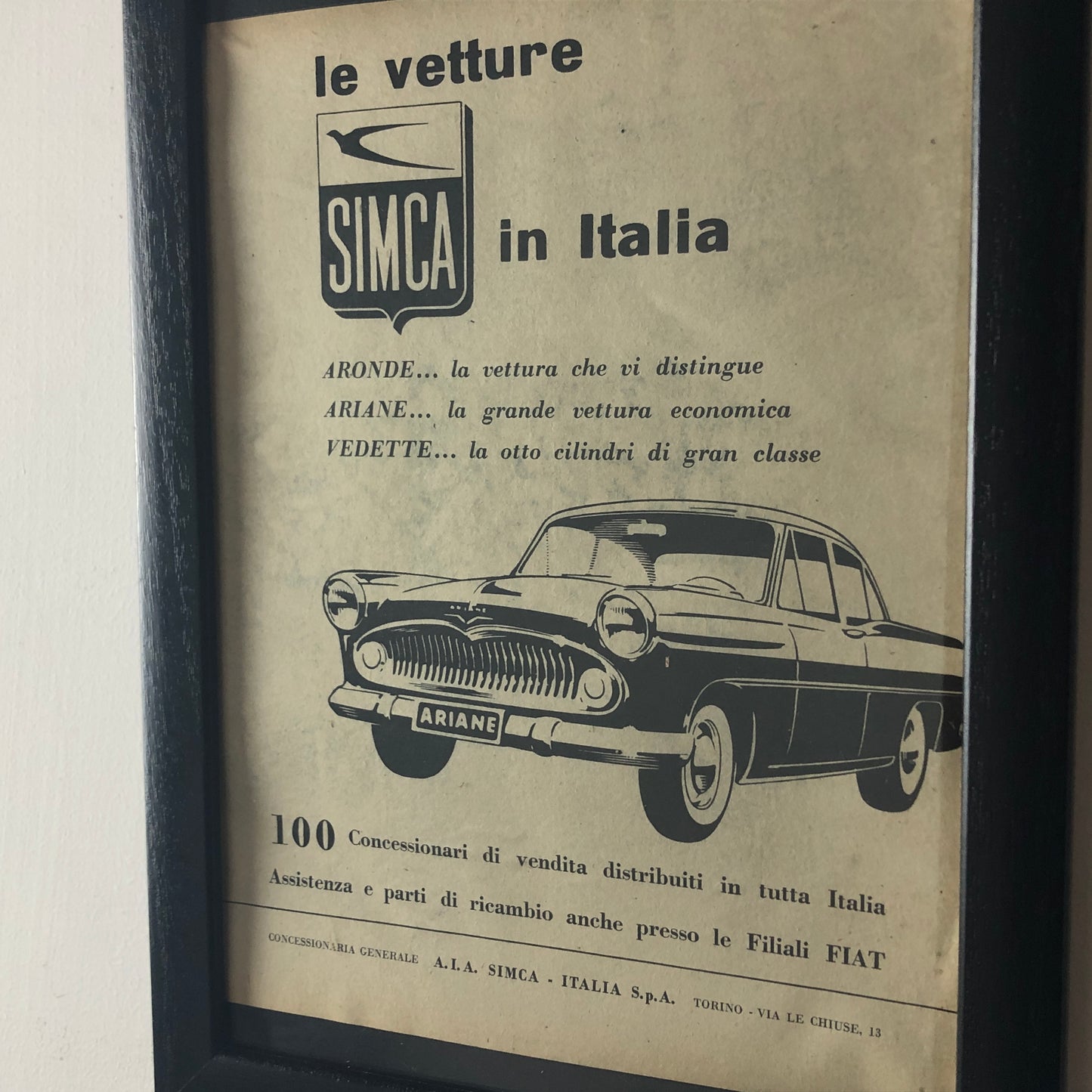 SIMCA, pubblicità anno 1960 SIMCA le vetture SIMCA in Italia, Aronde, Ariane, Vedette, - Raggi's Collectibles' Automotive Art