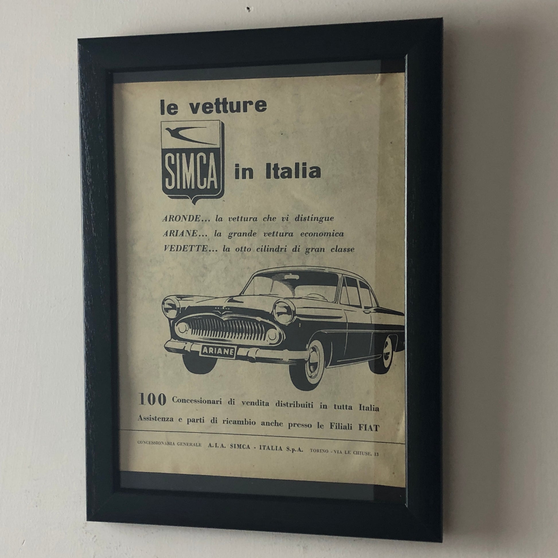 SIMCA, pubblicità anno 1960 SIMCA le vetture SIMCA in Italia, Aronde, Ariane, Vedette, - Raggi's Collectibles' Automotive Art