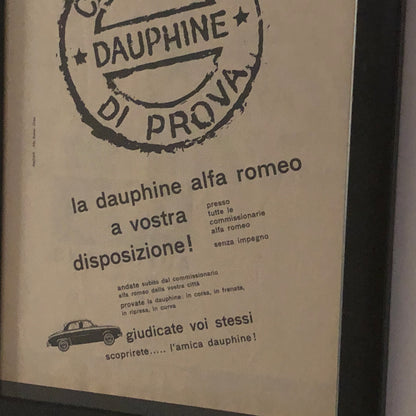 Alfa Romeo Pubblicità Anno 1960 Campagna di Prova Alfa Romeo Dauphine - Raggi's Collectibles' Automotive Art