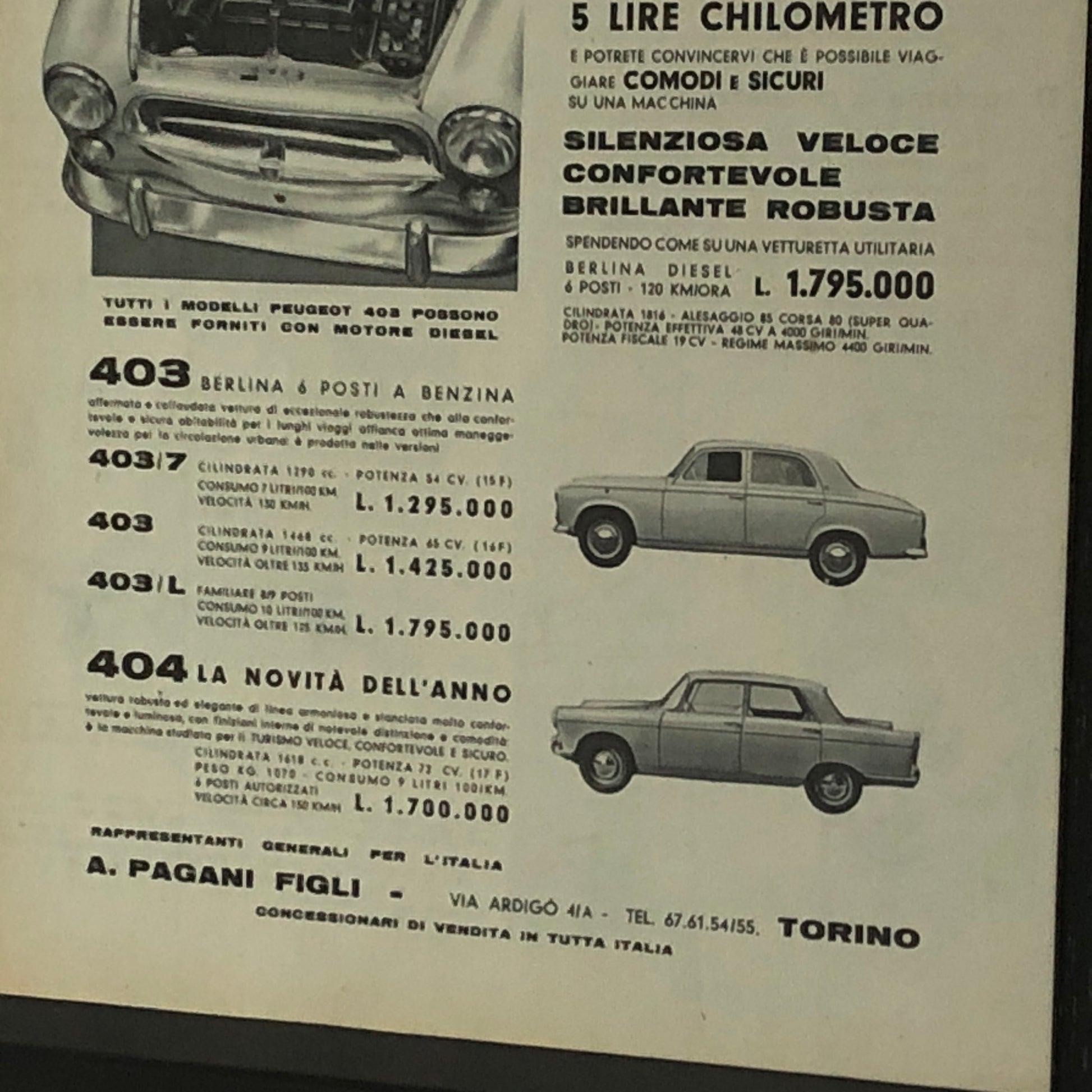 Peugeot Pubblicità Anno 1960 Peugeot 403 Benzina e Diesel e Peugeot 404 con Listino Prezzi - Raggi's Collectibles' Automotive Art