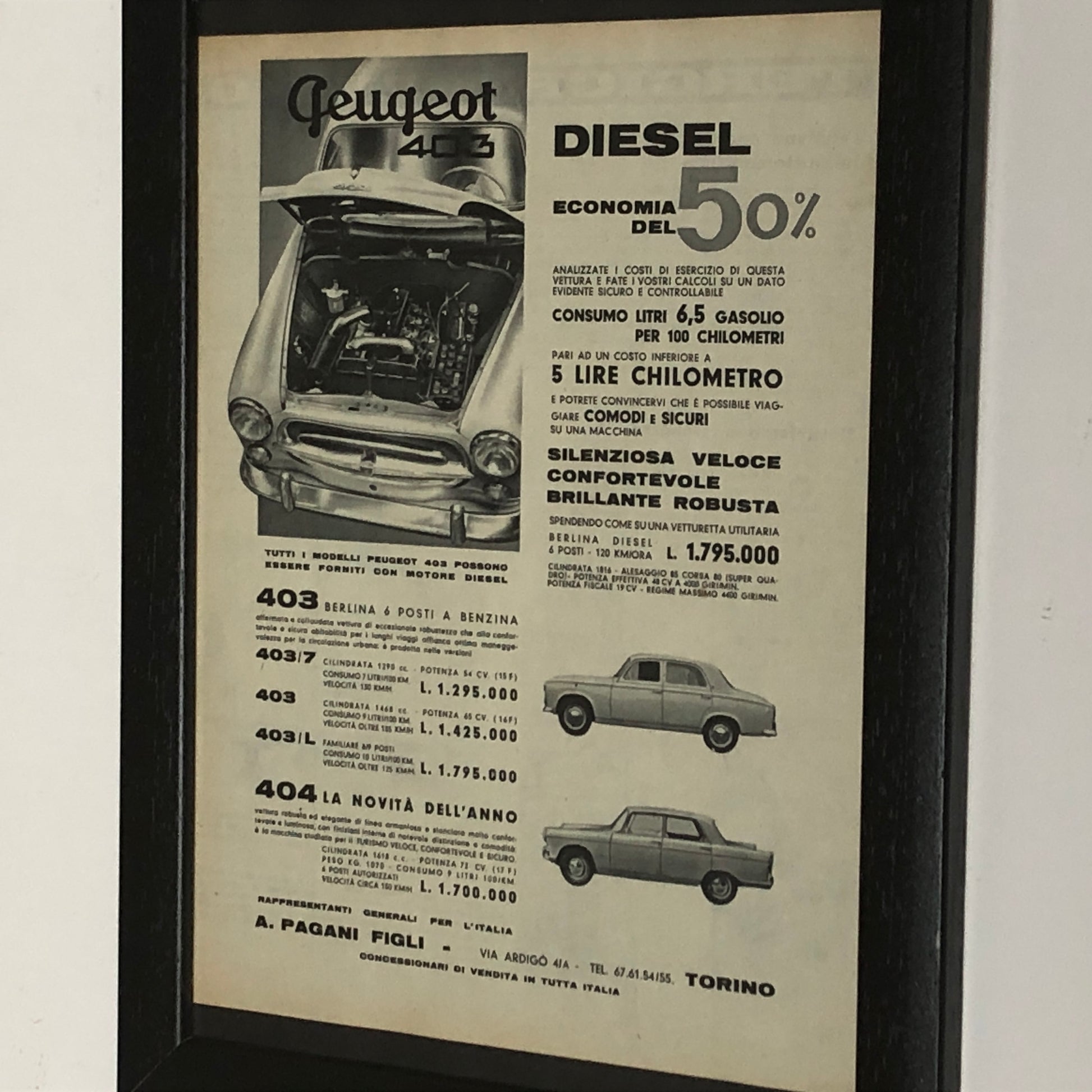 Peugeot Pubblicità Anno 1960 Peugeot 403 Benzina e Diesel e Peugeot 404 con Listino Prezzi - Raggi's Collectibles' Automotive Art