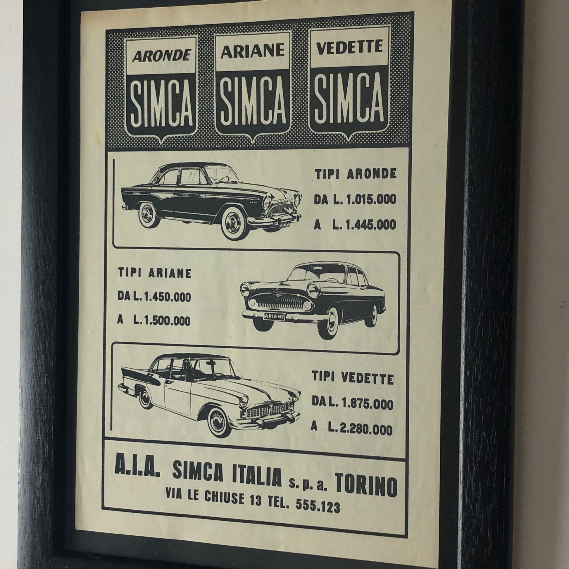 SIMCA, Pubblicità Anno 1960 SIMCA Aronde, Ariane, Vedette con Listino Prezzi - Raggi's Collectibles' Automotive Art