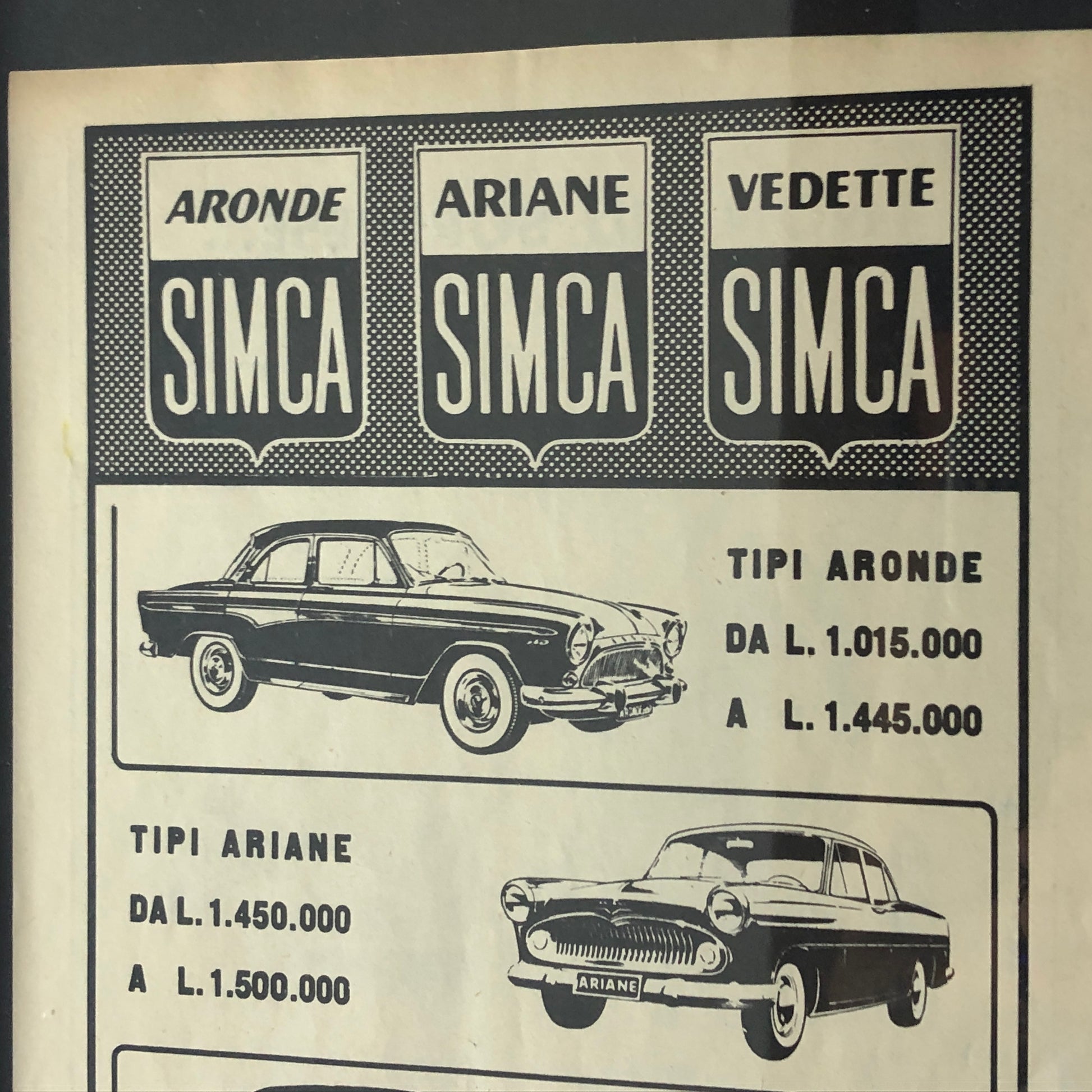 SIMCA, Pubblicità Anno 1960 SIMCA Aronde, Ariane, Vedette con Listino Prezzi - Raggi's Collectibles' Automotive Art