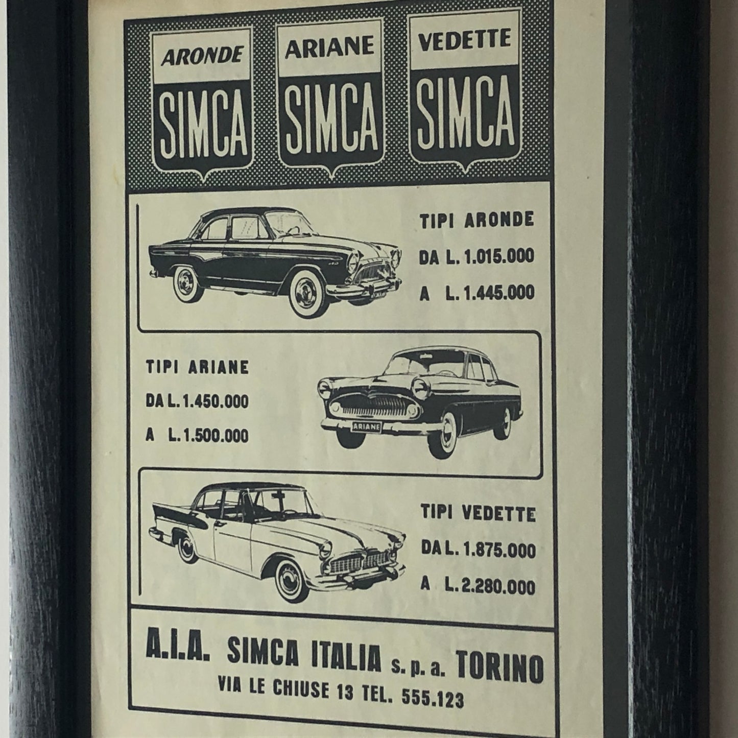 SIMCA, Pubblicità Anno 1960 SIMCA Aronde, Ariane, Vedette con Listino Prezzi - Raggi's Collectibles' Automotive Art