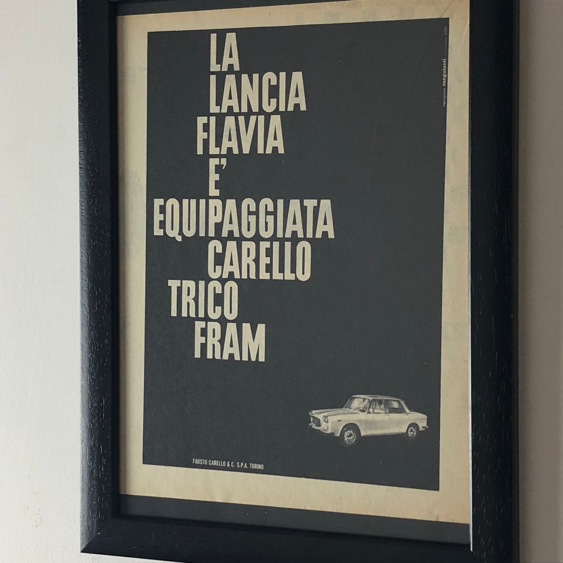 Fausto Carello e Lancia, Pubblicità Anno 1960 la Lancia Flavia è Equipaggiata con Carello Trico Fram - Raggi's Collectibles' Automotive Art