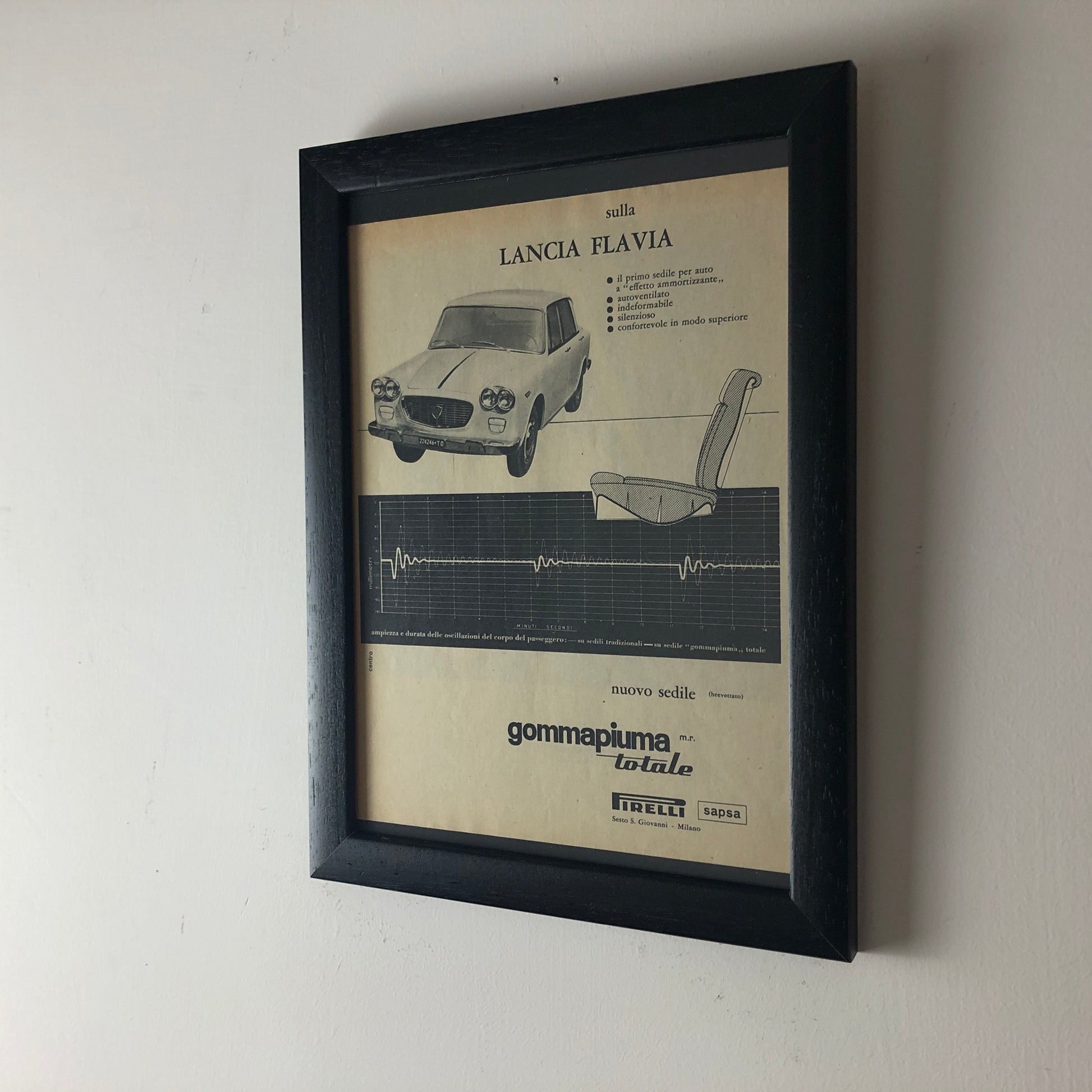 Pirelli e Lancia, Pubblicità Anno 1960 la Lancia Flavia è Equipaggiata con il Primo Sedile a "Effetto Ammortizzante" Pirelli - Raggi's Collectibles' Automotive Art