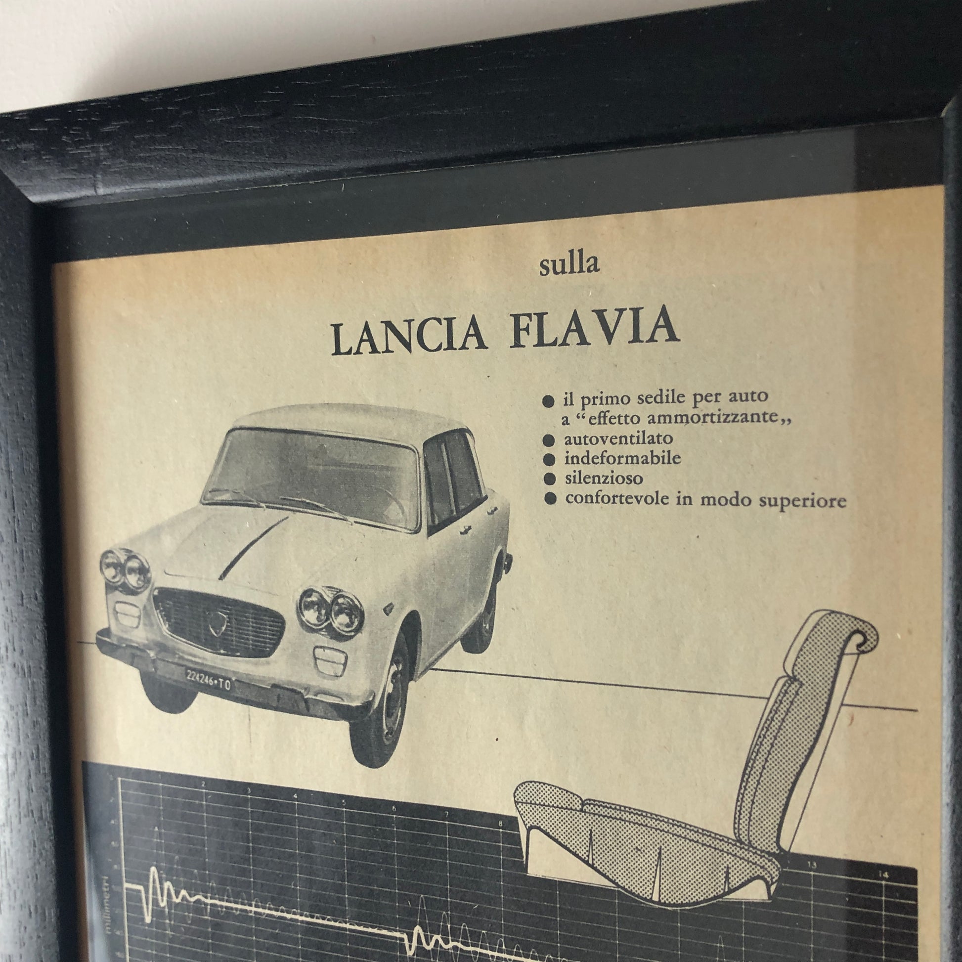 Pirelli e Lancia, Pubblicità Anno 1960 la Lancia Flavia è Equipaggiata con il Primo Sedile a "Effetto Ammortizzante" Pirelli - Raggi's Collectibles' Automotive Art