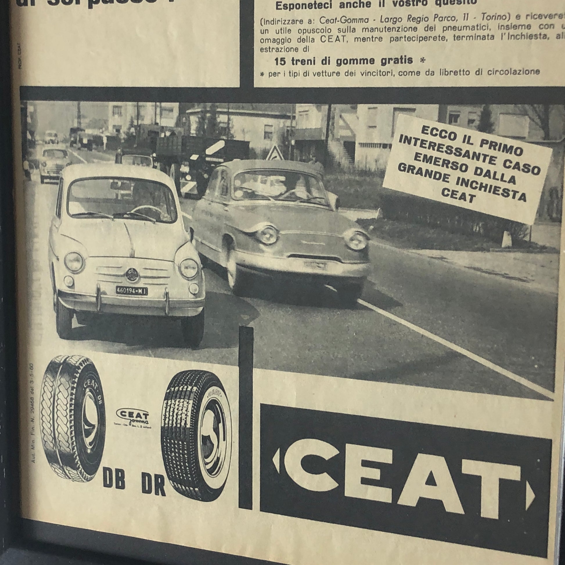 CEAT, Pubblicità Anno 1960 Pneumatici CEAT DB e DR - Raggi's Collectibles' Automotive Art