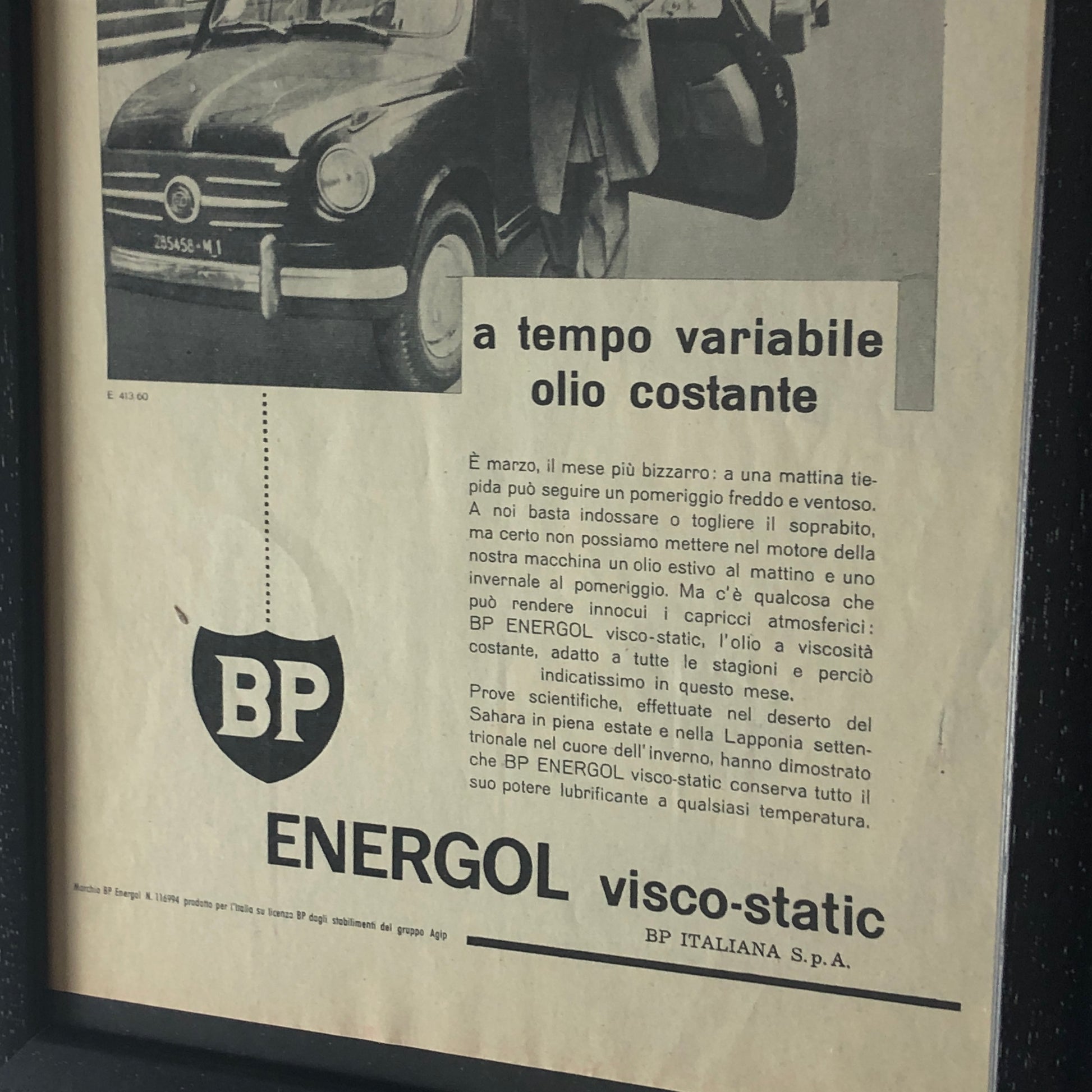 BP, Pubblicità Anno 1960 BP Energol Visco-Static a Tempo Variabile Olio Costante - Raggi's Collectibles' Automotive Art