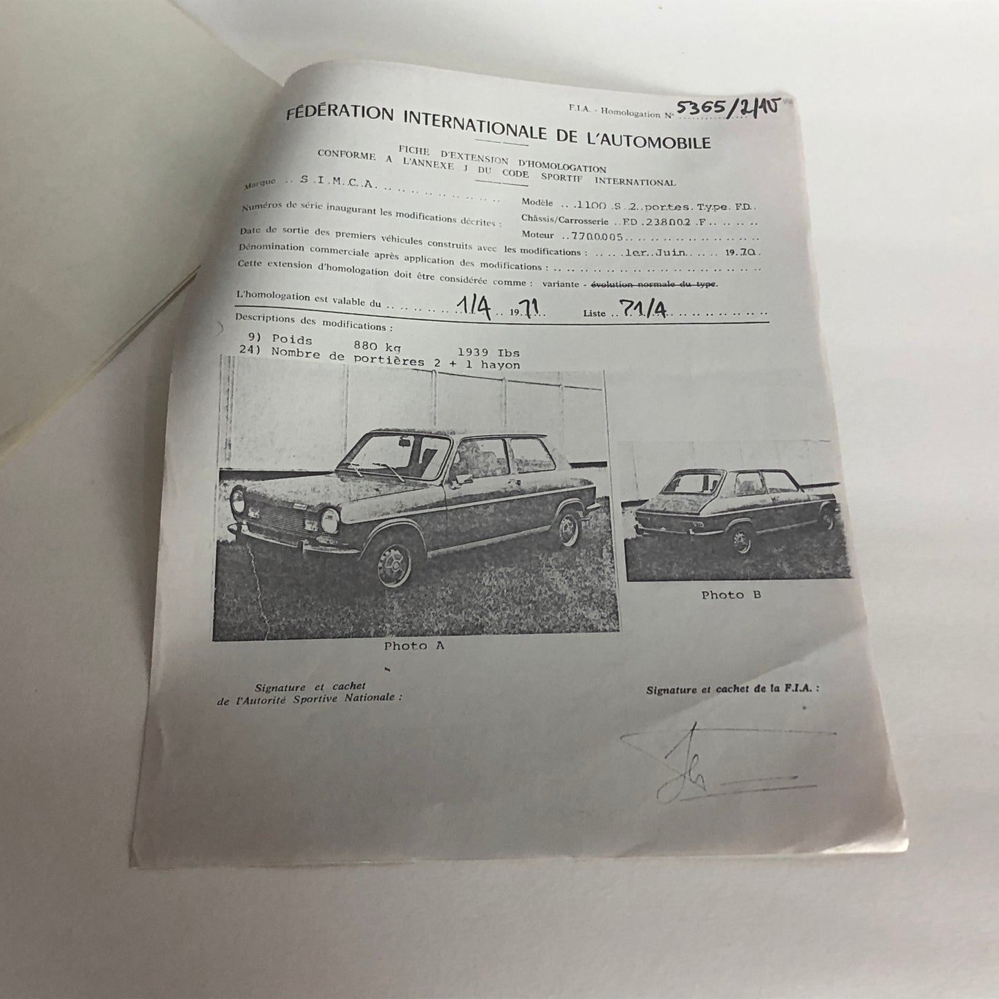 SIMCA, original papers of SIMCA 1100 Rallye du Maroc 1972 plus die-cast model SIMCA 1100 (1968) scale 1:43