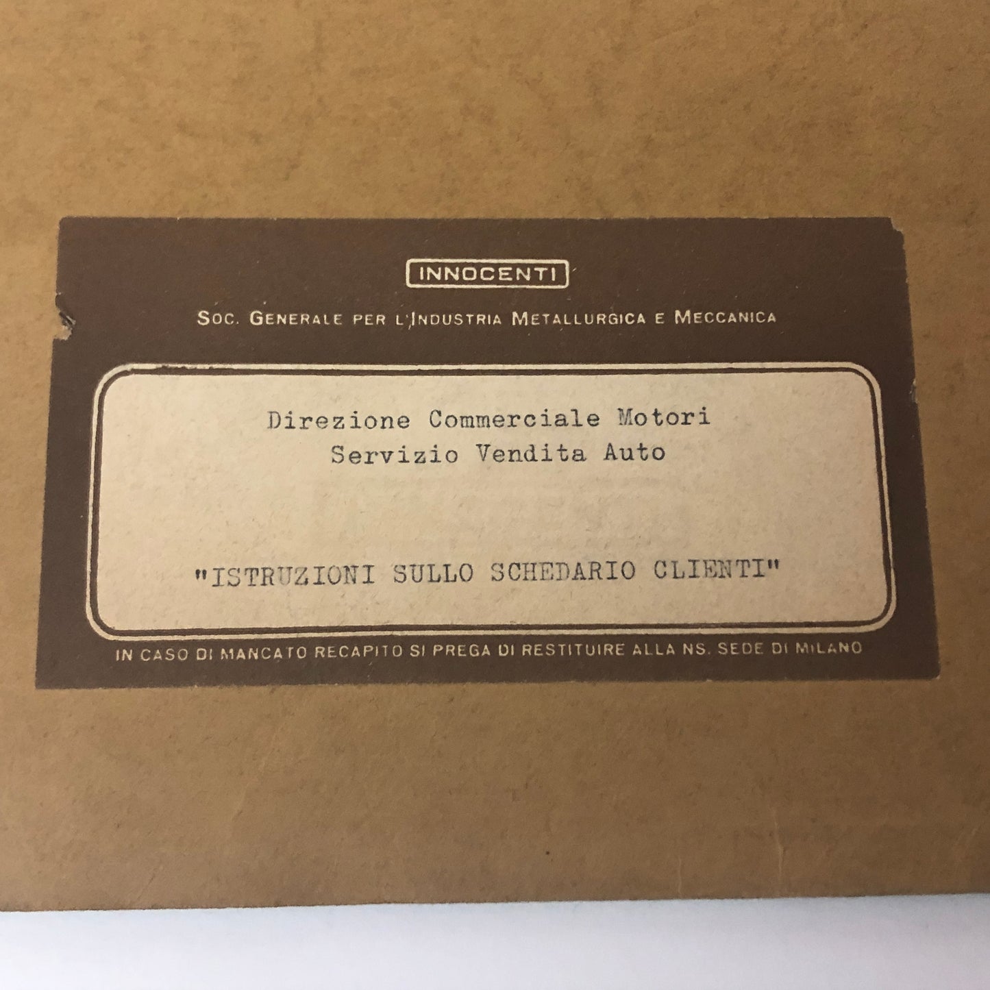 Innocenti, Instructions on the Correct Compilation of the Customer File Reserved for Innocenti Commission Agents.