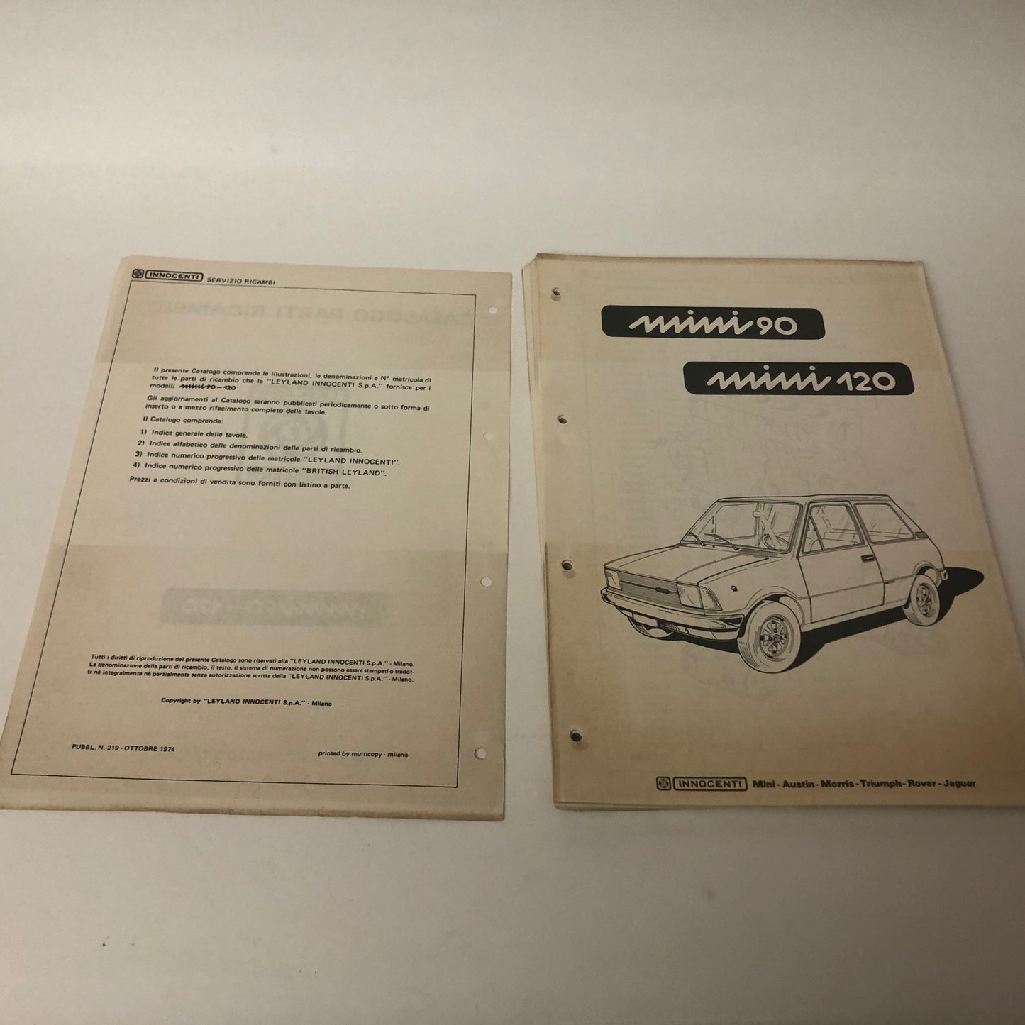 Leyland Innocenti, Catalogo Parti di Ricambio Mini 90 e Mini 120 Pubblicazione n. 219 Anno 1974