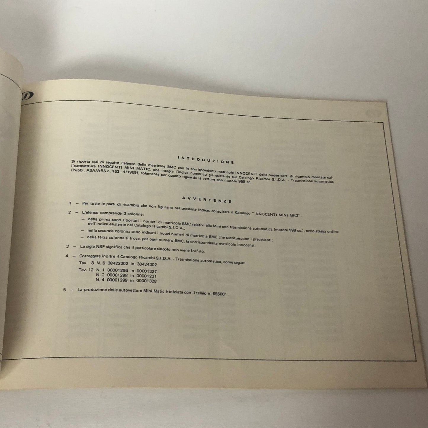 Innocenti, Catalogo Ricambi Mini Matic e Aggiunta Listino Prezzi n.10 Parti di Ricambio Anno 1970