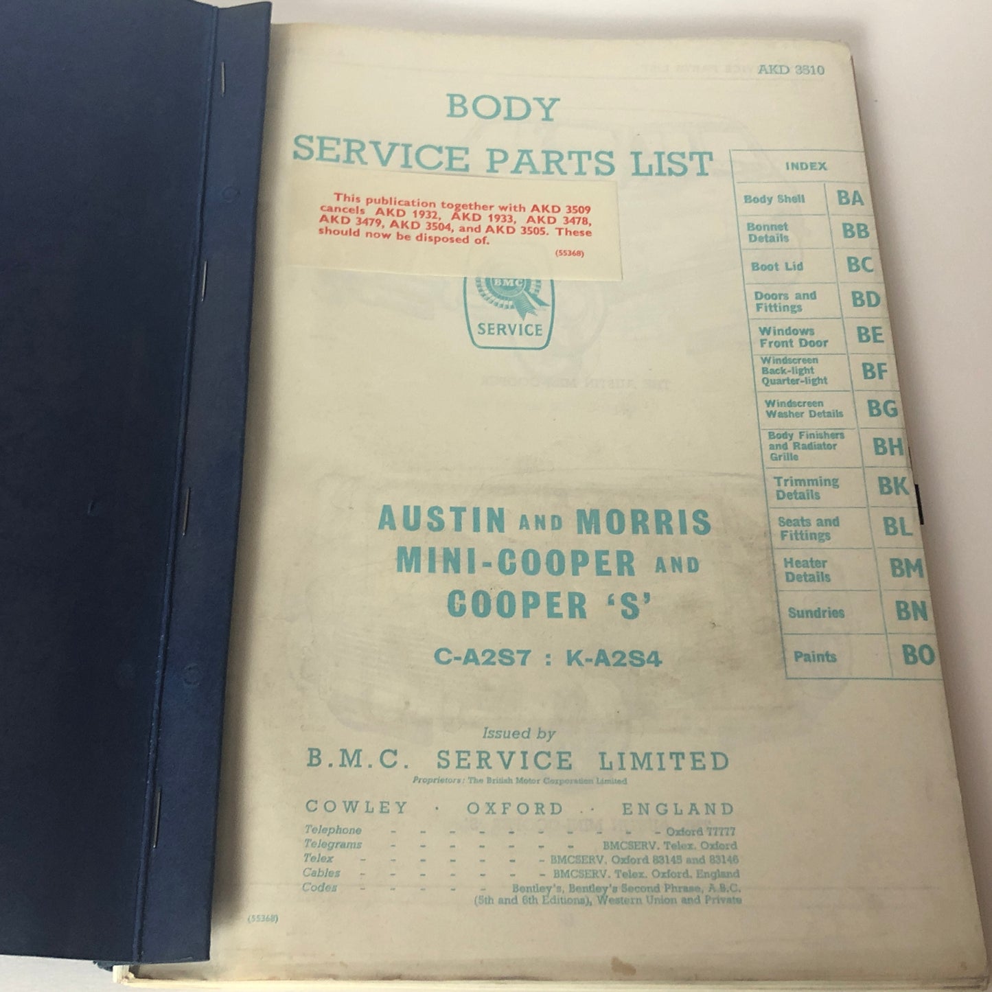 Austin - Morris, Body Service Parts List AKD3510 for Austin and Morris Mini Cooper and Cooper "S"