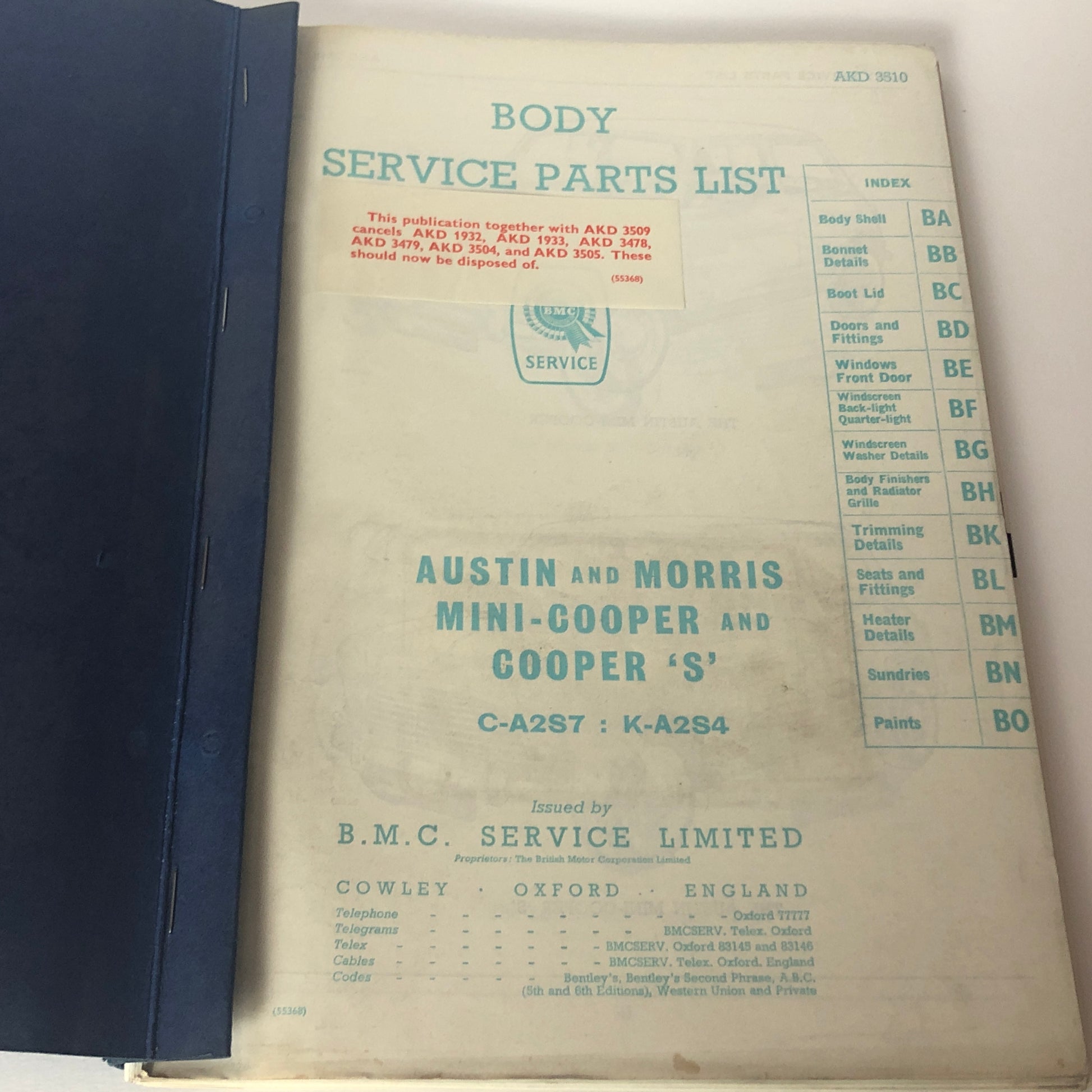 Austin - Morris, Body Service Parts List AKD3510 per Austin e Morris Mini Cooper e Cooper "S" - Raggi's Collectibles' Automotive Art