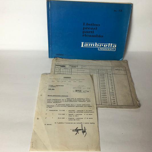 Lambretta, Listino Prezzi Parti di Ricambio n. 13, Circolare Integrazione Listino Parti di Ricambio, Circolare Shorts Pubblicitari - Raggi's Collectibles' Automotive Art