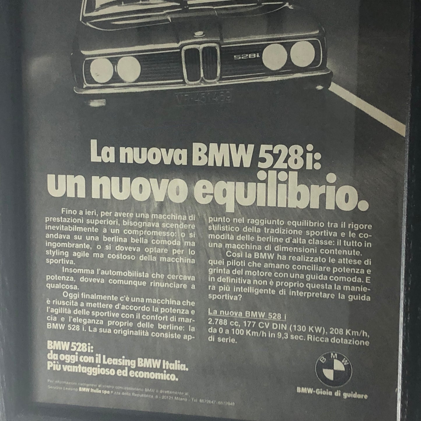 BMW, Pubblicità Anno 1978 la Nuova BMW 528i un Nuovo Equilibrio