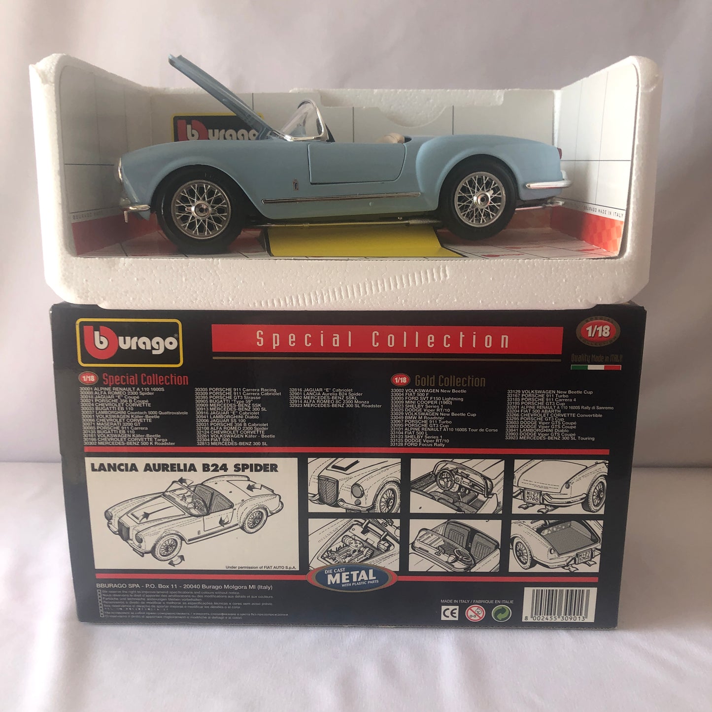 Lancia, Modellino in Scala 1:18 in Metallo Pressofuso Bburago Lancia Aurelia B24 Spider 1955 - Raggi's Collectibles' Automotive Art