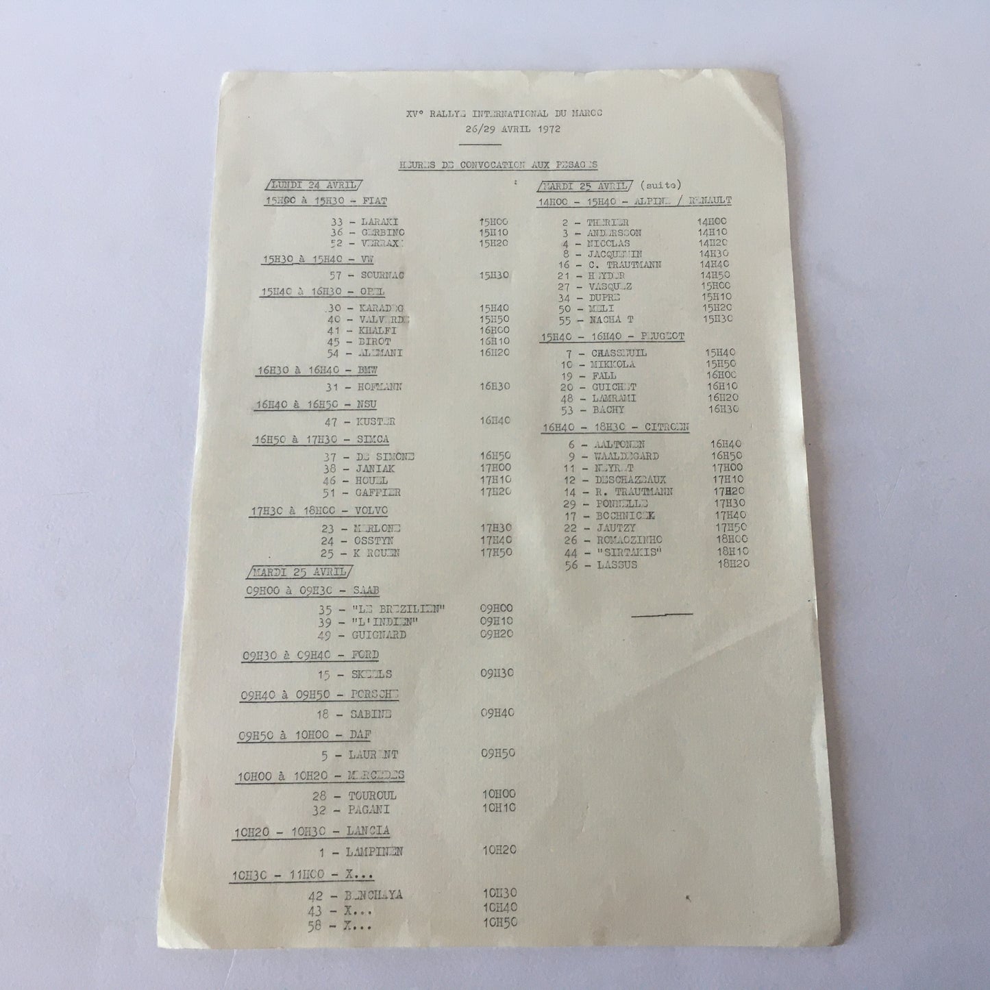 Official race documentation of the XVth Rallye International du Maroc 26 - 29 April 1972.