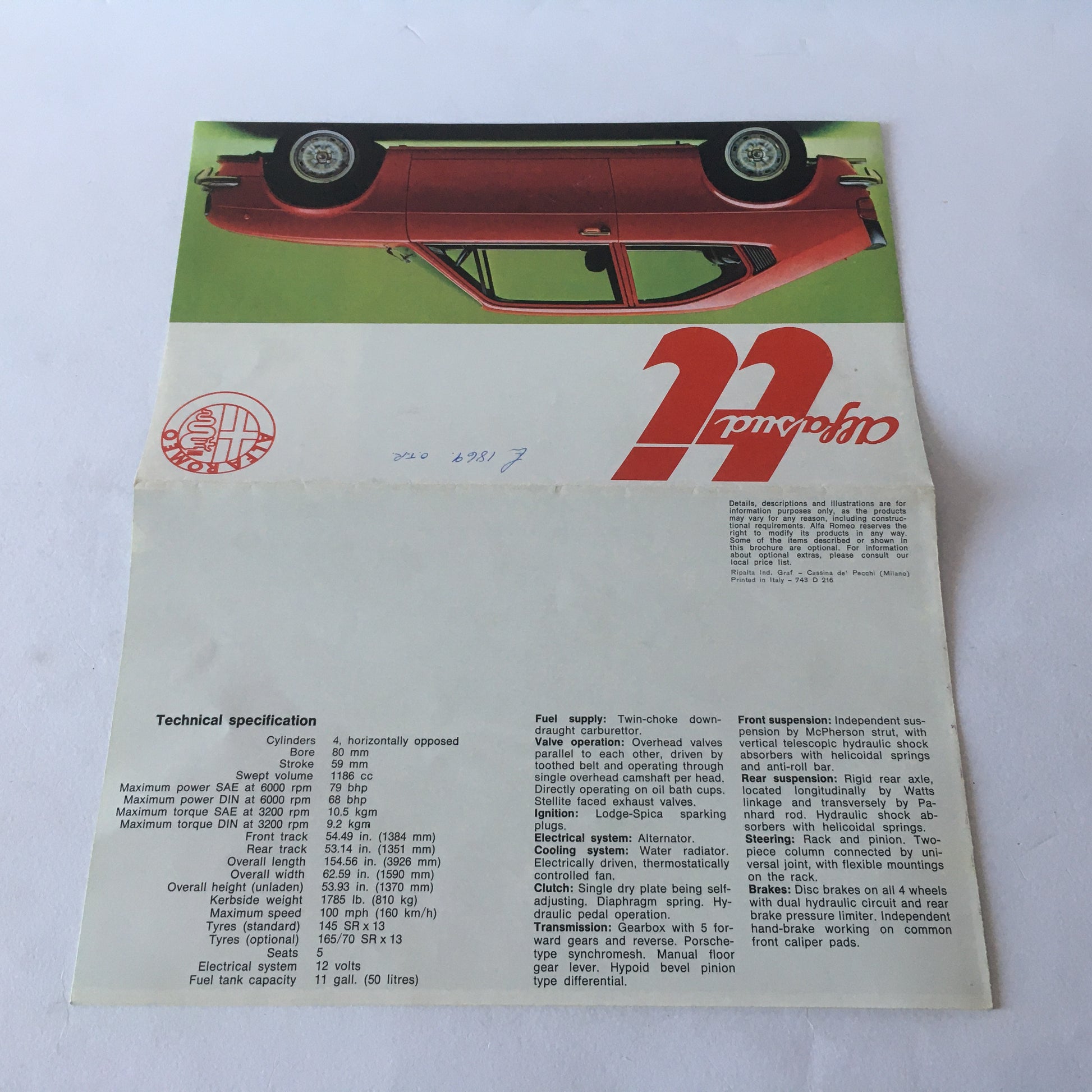 Alfa Romeo, Brochure Alfasud TI 1200 e Alfasud TI 1500, Anni '70, Lingua Inglese - Raggi's Collectibles' Automotive Art