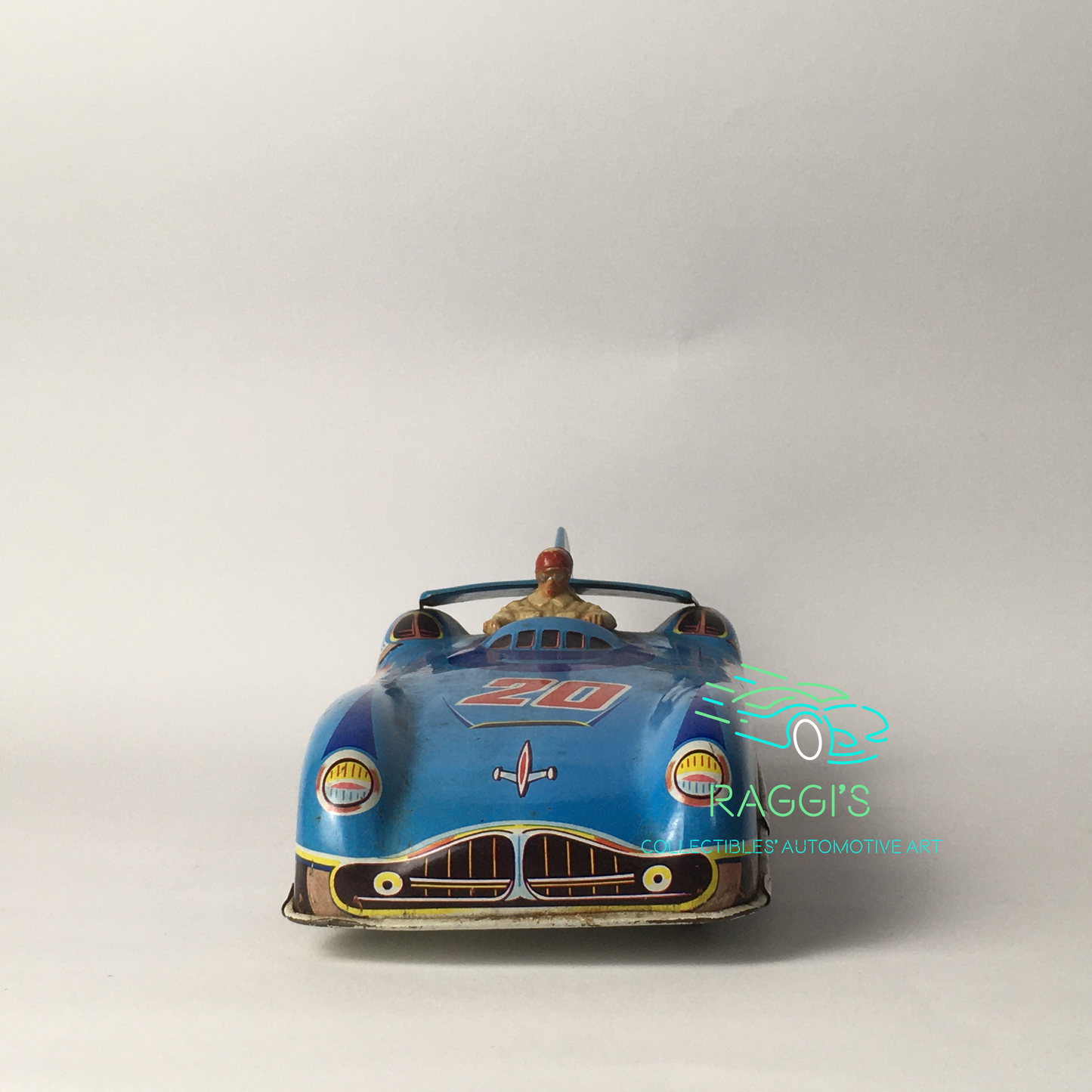 Vintage Toys, Macchina Sportiva in Latta con Pilota e Funzionamento a Frizione e Latta Cromo Litografata - Raggi's Collectibles' Automotive Art