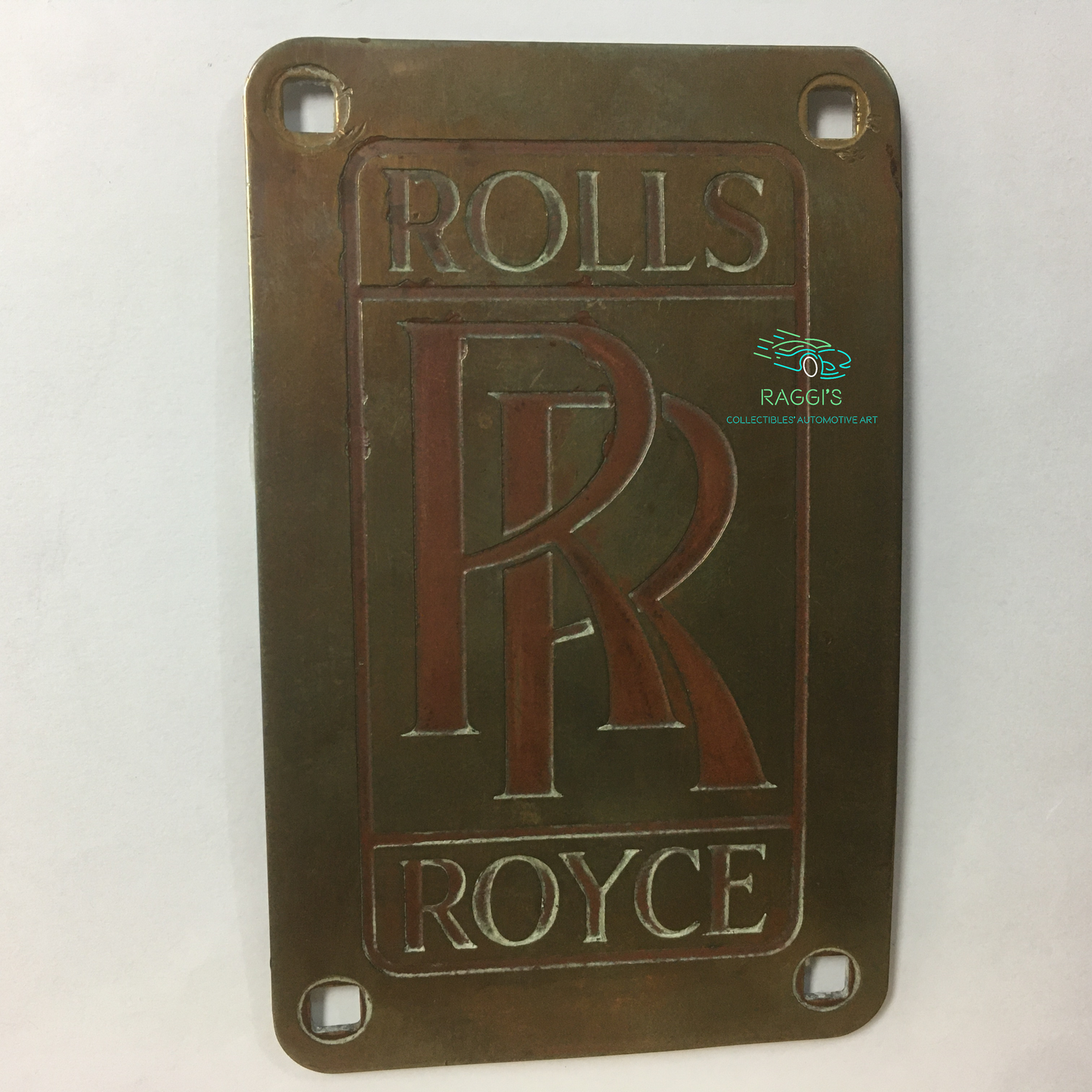 Rolls-Royce, Stemma Originale in Ottone con Lettere di Colore Rosso, Estremamente Raro - Raggi's Collectibles' Automotive Art