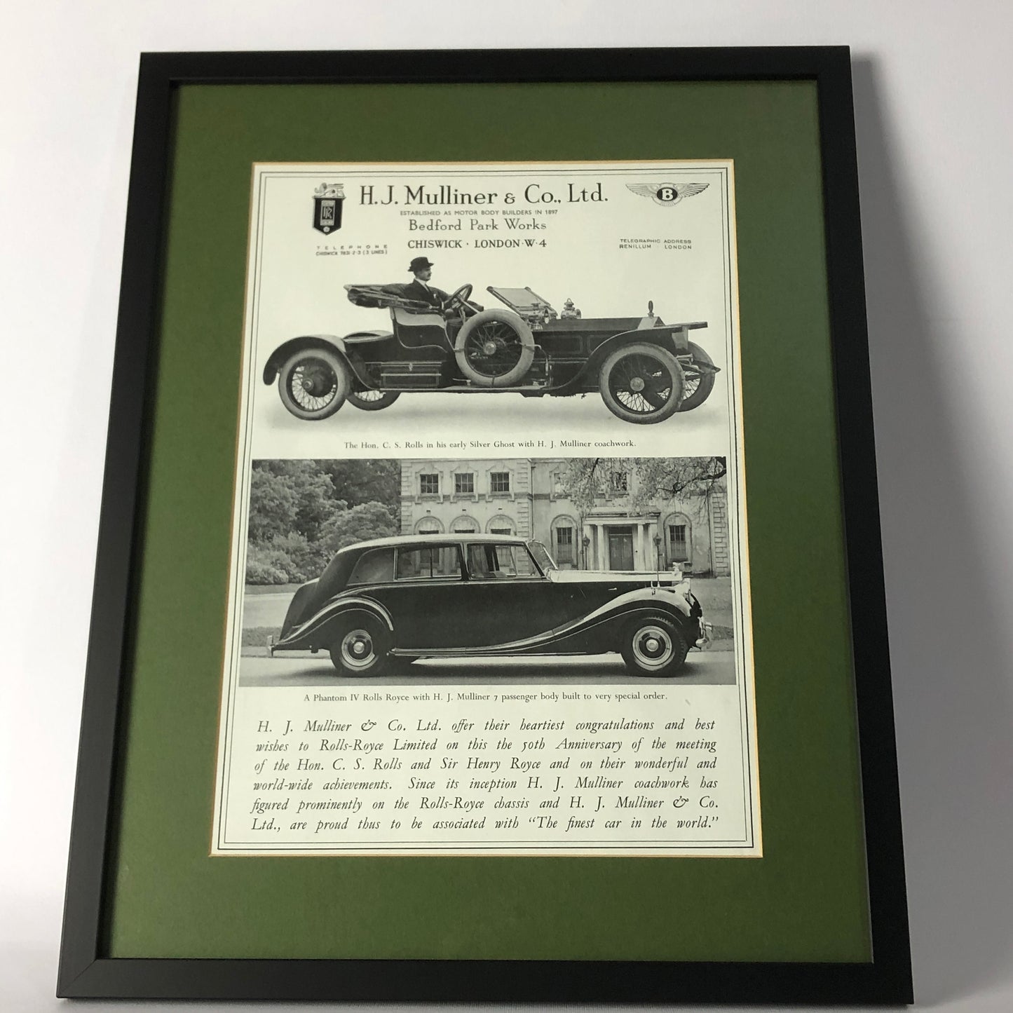 Rolls-Royce e Bentley, Pubblicità di Maggio 1954, per i 50 Anni Incontro tra Charles Rolls e Henry Royce - Raggi's Collectibles' Automotive Art
