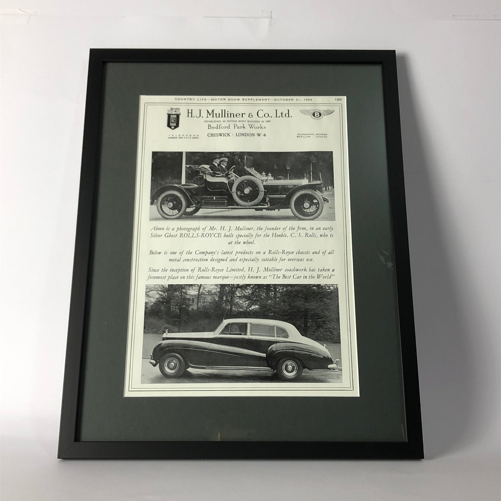 Rolls-Royce e Bentley, Pubblicità di Ottobre 1954, per i 50 Anni Incontro tra Charles Rolls e Henry Royce - Raggi's Collectibles' Automotive Art